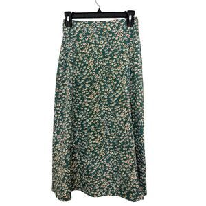 Midi Skirt Floral Ditsy Daisy Side Slit Green A-Line Summer Beachy Stretch XS